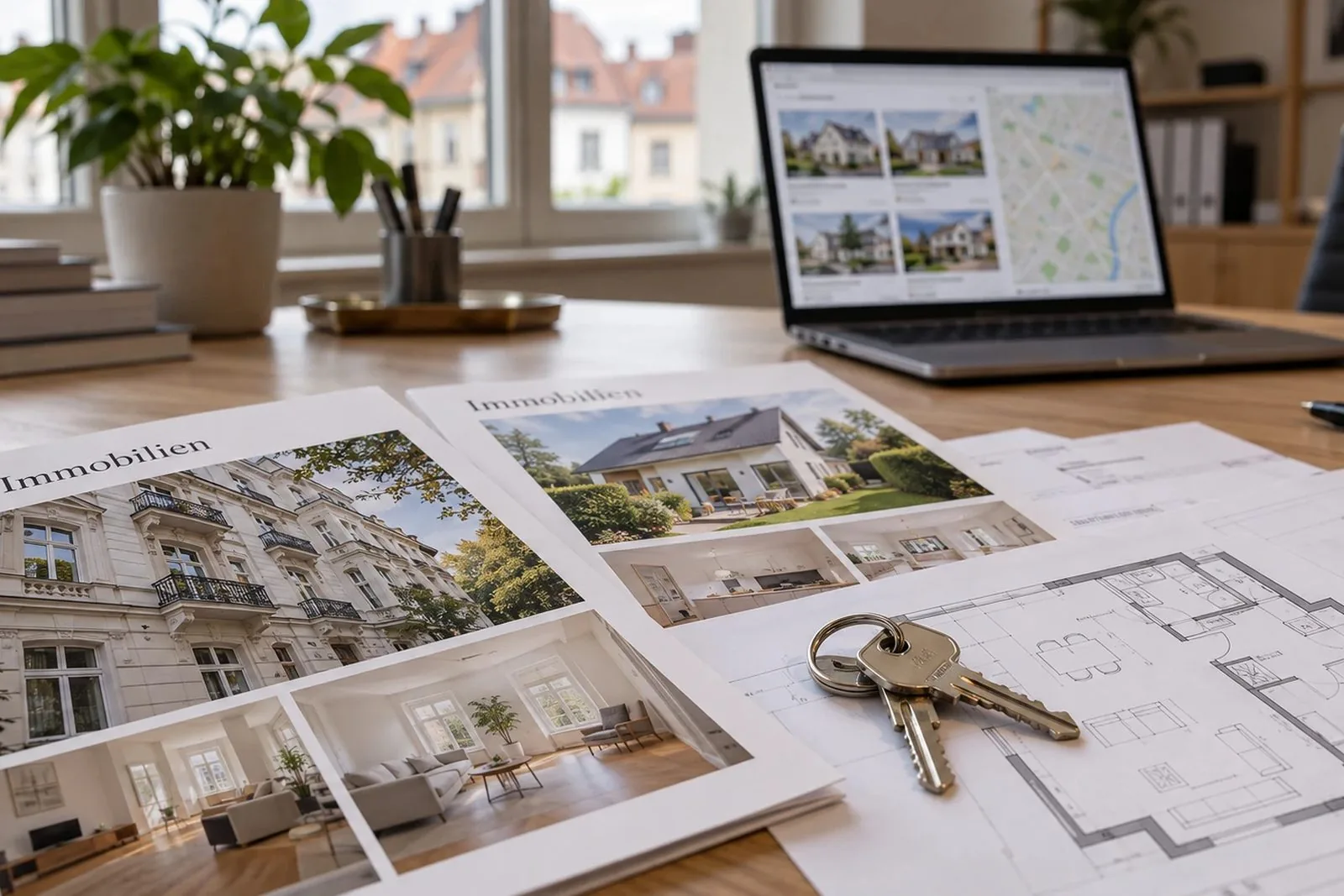Immobilien-Exposés, Schlüssel und Laptop – Symbolbild für einen digitalen Immobilien-Anbieter
