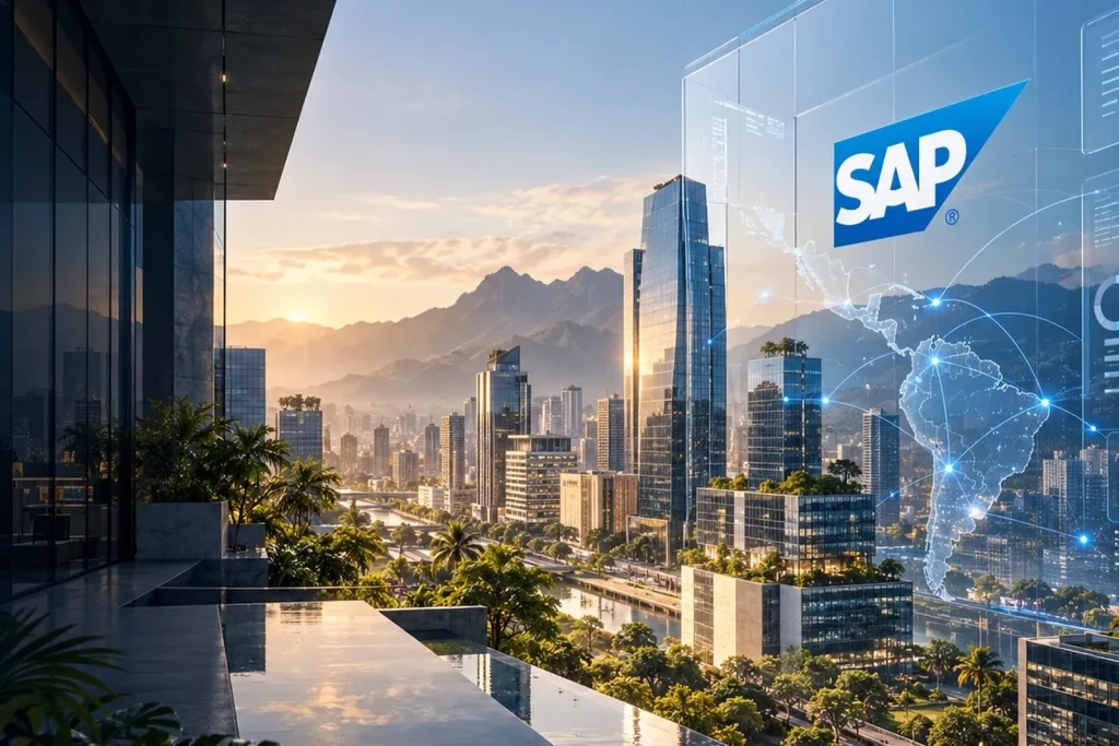 Skyline einer lateinamerikanischen Metropole mit SAP-Logo