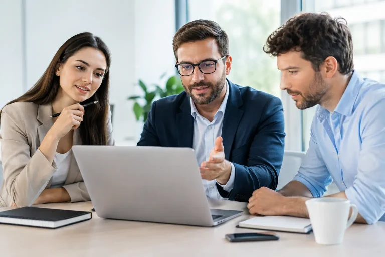 Vertriebsteam vergleicht am Laptop verschiedene Systeme
