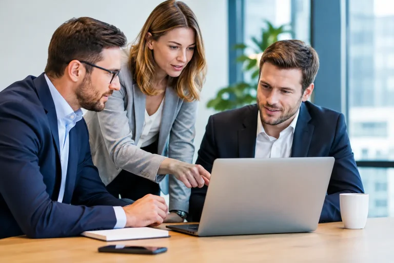Team entwickelt gemeinsam am Laptop eine Vertriebsstrategie