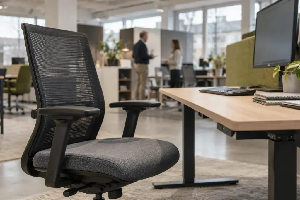 Bürostuhl und höhenverstellbarer Schreibtisch in einem modernen Großraumbüro – Symbolbild für einen Händler von Büro- und New-Work-Lösungen