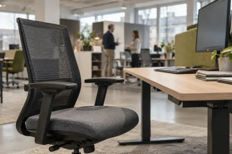 Bürostuhl und höhenverstellbarer Schreibtisch in einem modernen Großraumbüro – Symbolbild für einen Händler von Büro- und New-Work-Lösungen