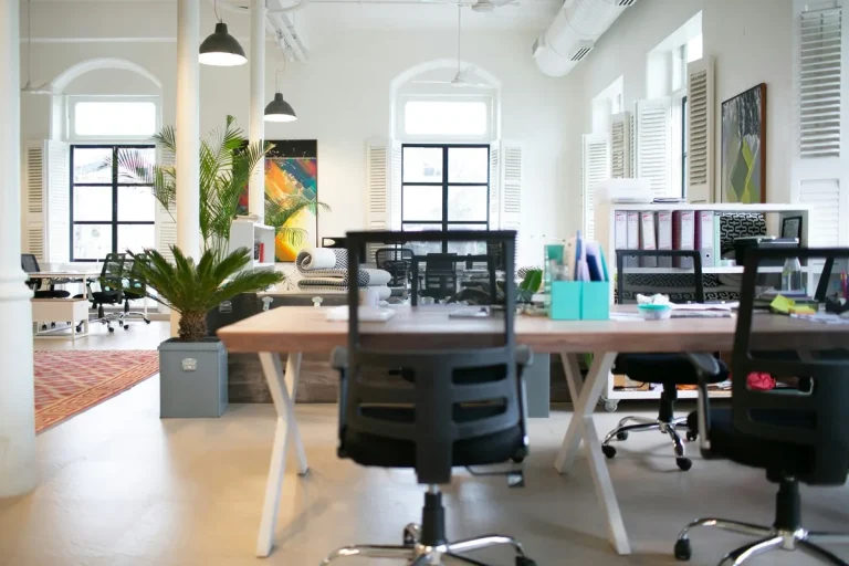 Helles Altbaubüro mit Arbeitsplätzen und Pflanzen