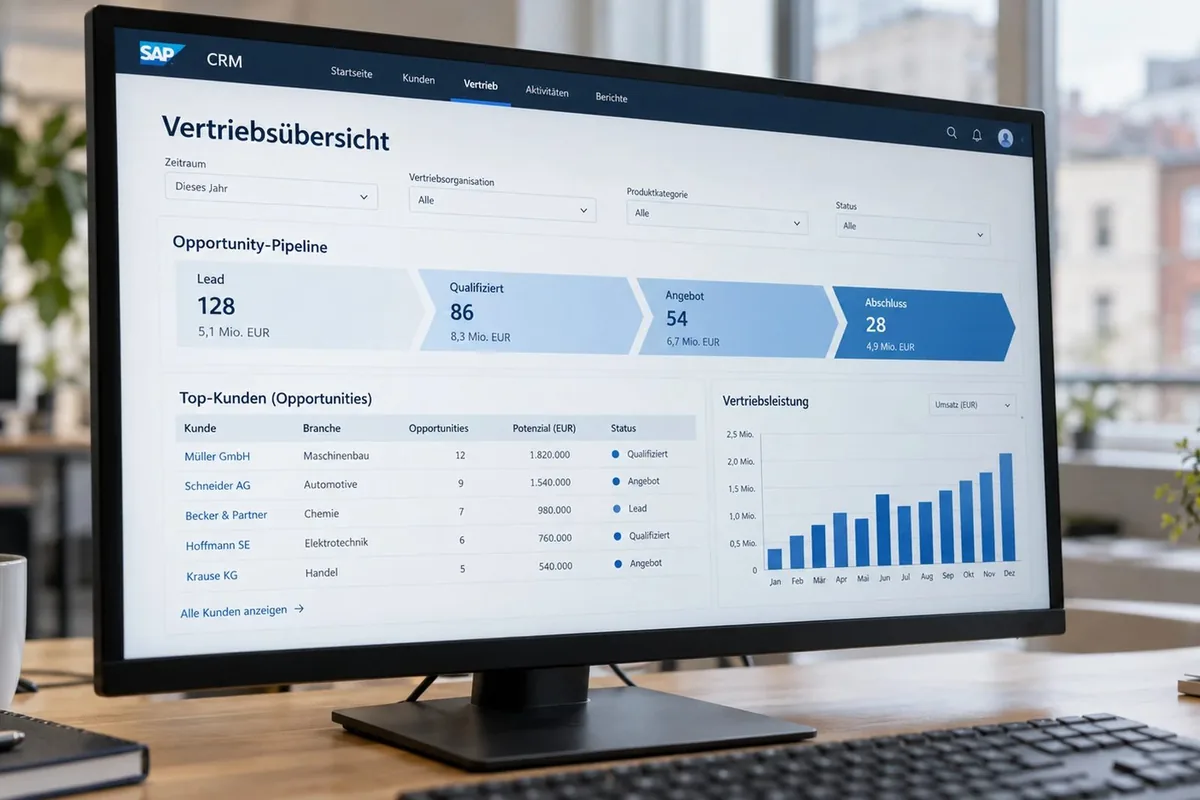 Bildschirm mit einer Vertriebsübersicht im CRM: Opportunity-Pipeline und Top-Kunden
