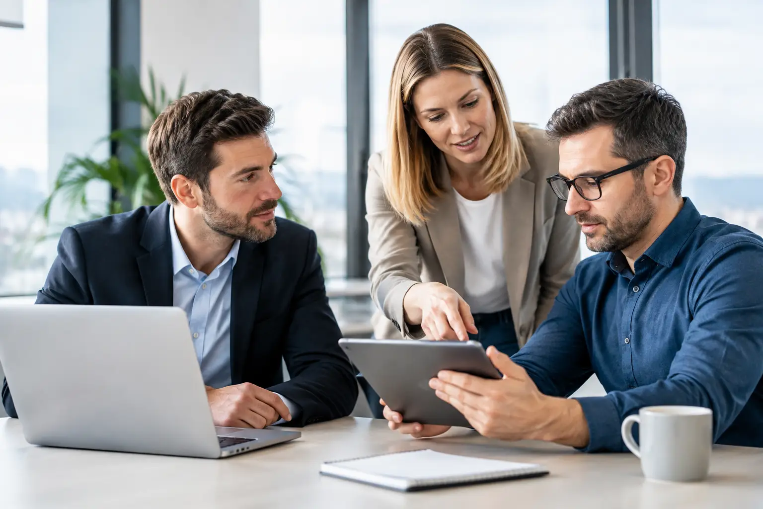 Kollegen besprechen am Laptop und Tablet Vertriebsunterlagen
