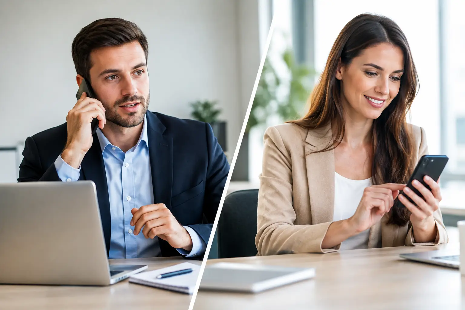 Geteiltes Bild: links ein Telefonat, rechts Social Selling am Smartphone