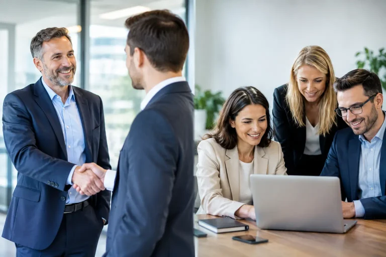 Begrüßung im Büro zwischen Vertriebspartnern und dem eigenen Team