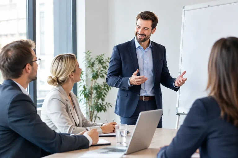 Trainer leitet ein Vertriebstraining vor einem Team