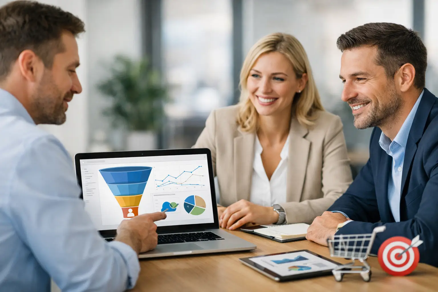 Drei Kollegen werten am Laptop einen Conversion-Trichter aus