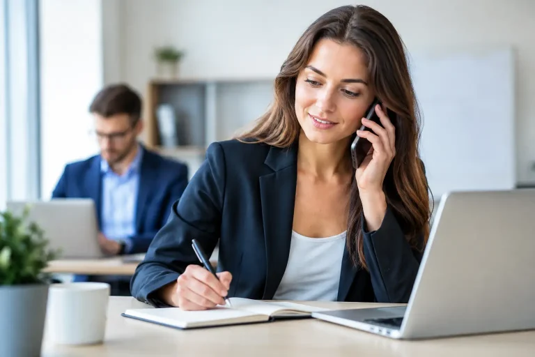 Vertriebsmitarbeiterin telefoniert am Schreibtisch und macht sich Notizen
