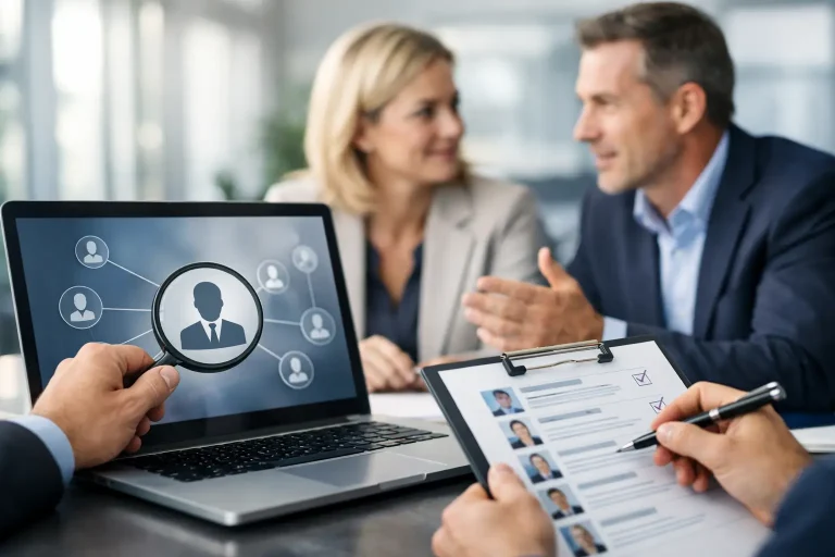 Vertriebler recherchieren am Laptop und Tablet Profile von Entscheidern