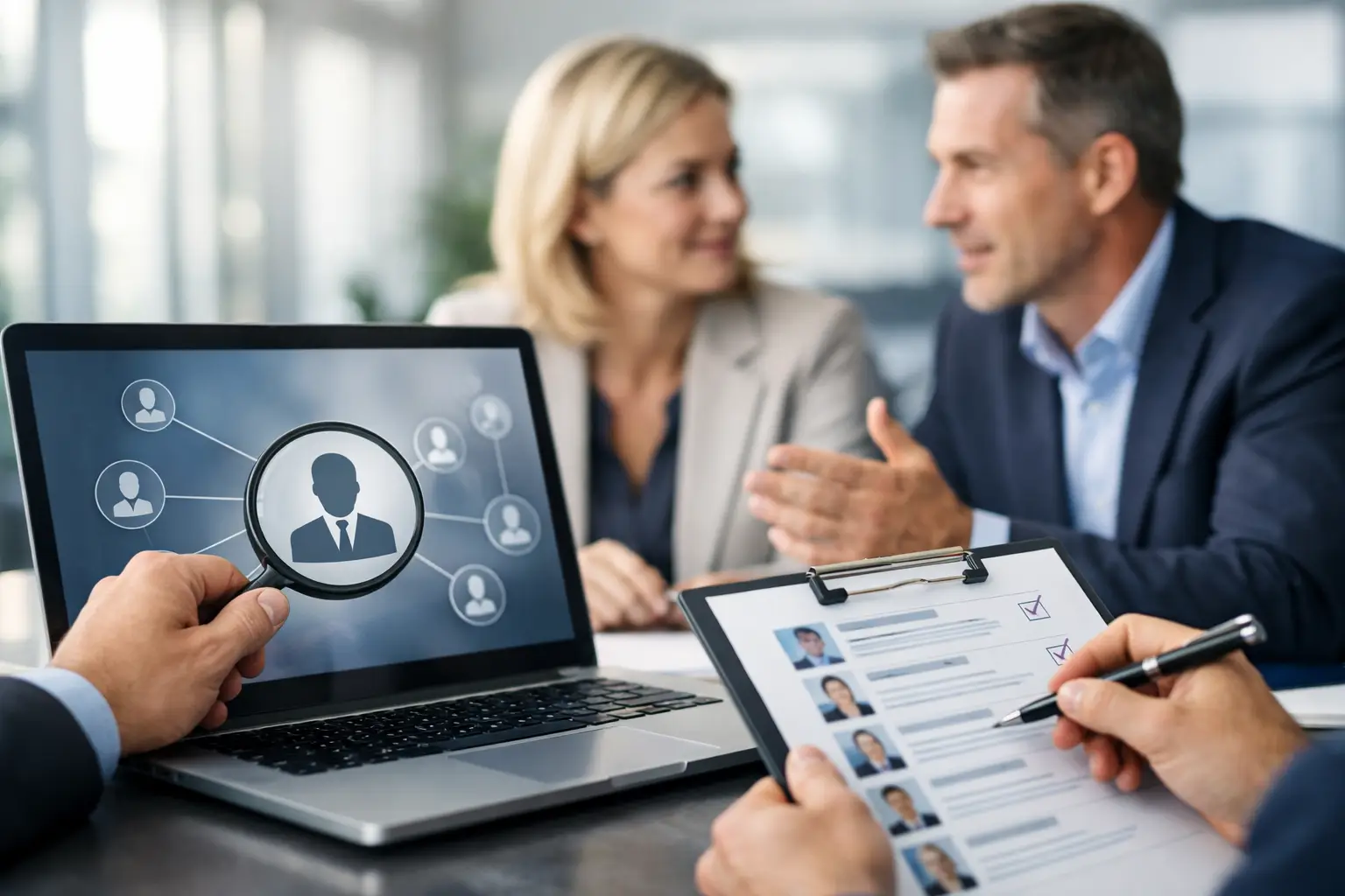 Vertriebler recherchieren am Laptop und Tablet Profile von Entscheidern