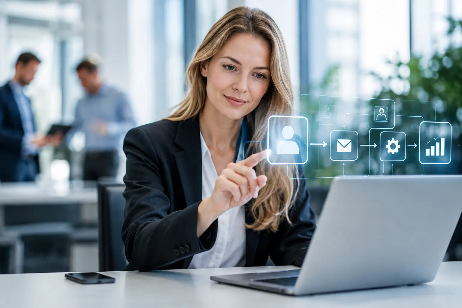 Mitarbeiterin bedient am Laptop eine Oberfläche zur Vertriebsautomatisierung